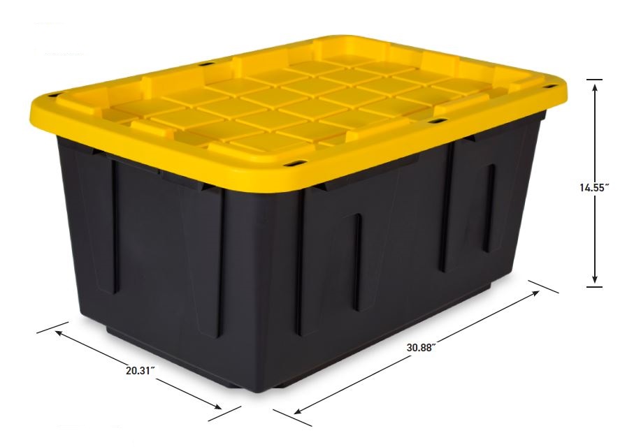 Black moving tote with yellow lid showing dimensions: 30.88 inches long, 20.31 inches wide, and 14.55 inches high